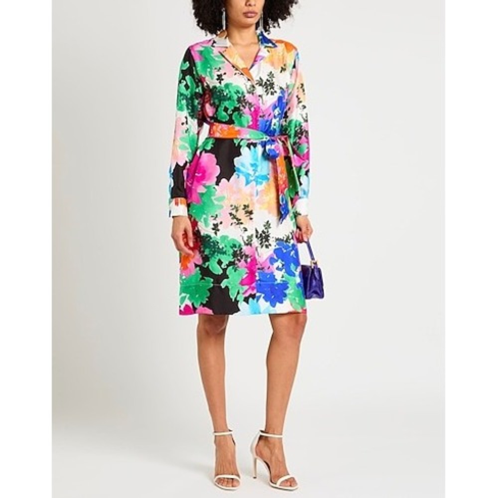 Sara Roka Shirt Dress Womens  US 6 Multicolor Floral Silk Belted Luxury Designer